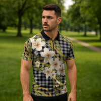 Ele'ele Hawai'i Palaka Plumeria Zipper Polo Shirt Puakenikeni and Maile Lei