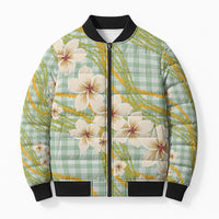 Liko Kukui Hawai'i Palaka Plumeria Bomber Puffer Jacket Puakenikeni and Maile Lei