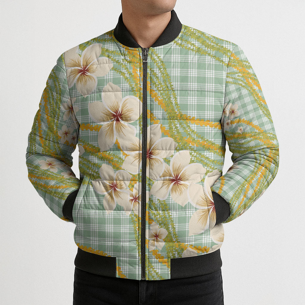 Liko Kukui Hawai'i Palaka Plumeria Bomber Puffer Jacket Puakenikeni and Maile Lei