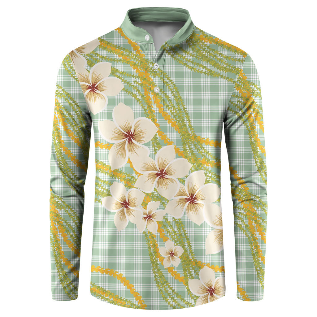 Liko Kukui Hawai'i Palaka Plumeria Button Sweatshirt Puakenikeni and Maile Lei