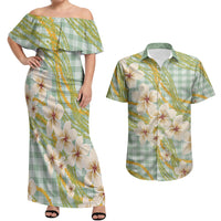 Liko Kukui Hawai'i Palaka Plumeria Couples Matching Off Shoulder Maxi Dress and Hawaiian Shirt Puakenikeni and Maile Lei