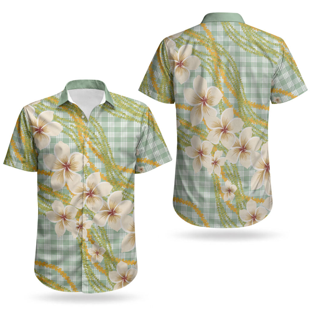 Liko Kukui Hawai'i Palaka Plumeria Couples Matching Off Shoulder Maxi Dress and Hawaiian Shirt Puakenikeni and Maile Lei