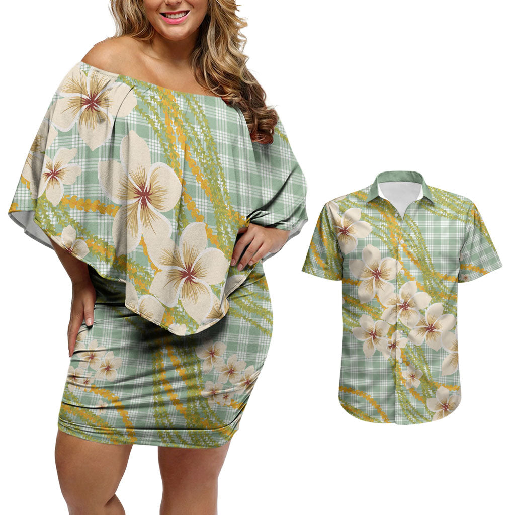 Liko Kukui Hawai'i Palaka Plumeria Couples Matching Off Shoulder Short Dress and Hawaiian Shirt Puakenikeni and Maile Lei LT9 Sage Green - Polynesian Pride