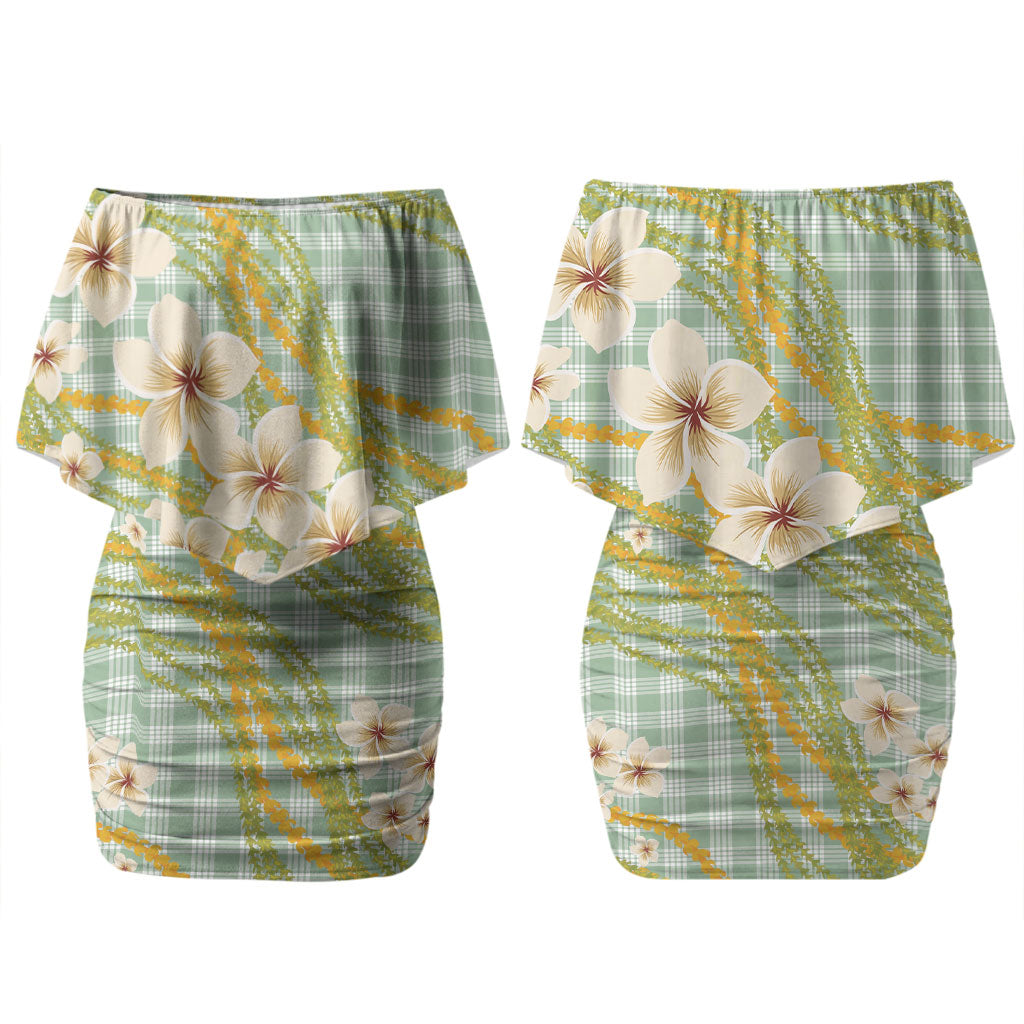 Liko Kukui Hawai'i Palaka Plumeria Couples Matching Off Shoulder Short Dress and Hawaiian Shirt Puakenikeni and Maile Lei