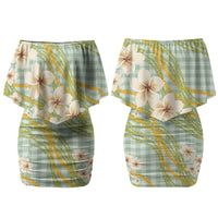 Liko Kukui Hawai'i Palaka Plumeria Couples Matching Off Shoulder Short Dress and Hawaiian Shirt Puakenikeni and Maile Lei