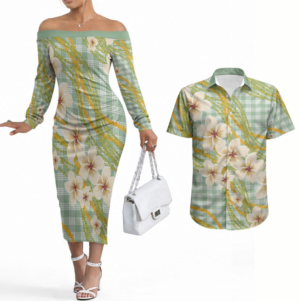 Liko Kukui Hawai'i Palaka Plumeria Couples Matching Off The Shoulder Long Sleeve Dress and Hawaiian Shirt Puakenikeni and Maile Lei