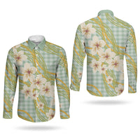 Liko Kukui Hawai'i Palaka Plumeria Couples Matching Off The Shoulder Long Sleeve Dress and Long Sleeve Button Shirt Puakenikeni and Maile Lei