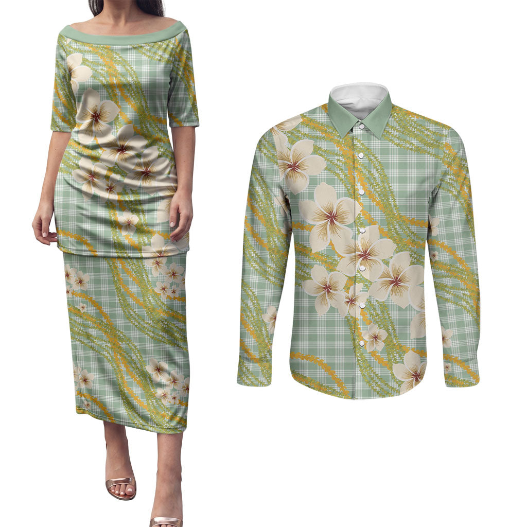Liko Kukui Hawai'i Palaka Plumeria Couples Matching Puletasi and Long Sleeve Button Shirt Puakenikeni and Maile Lei