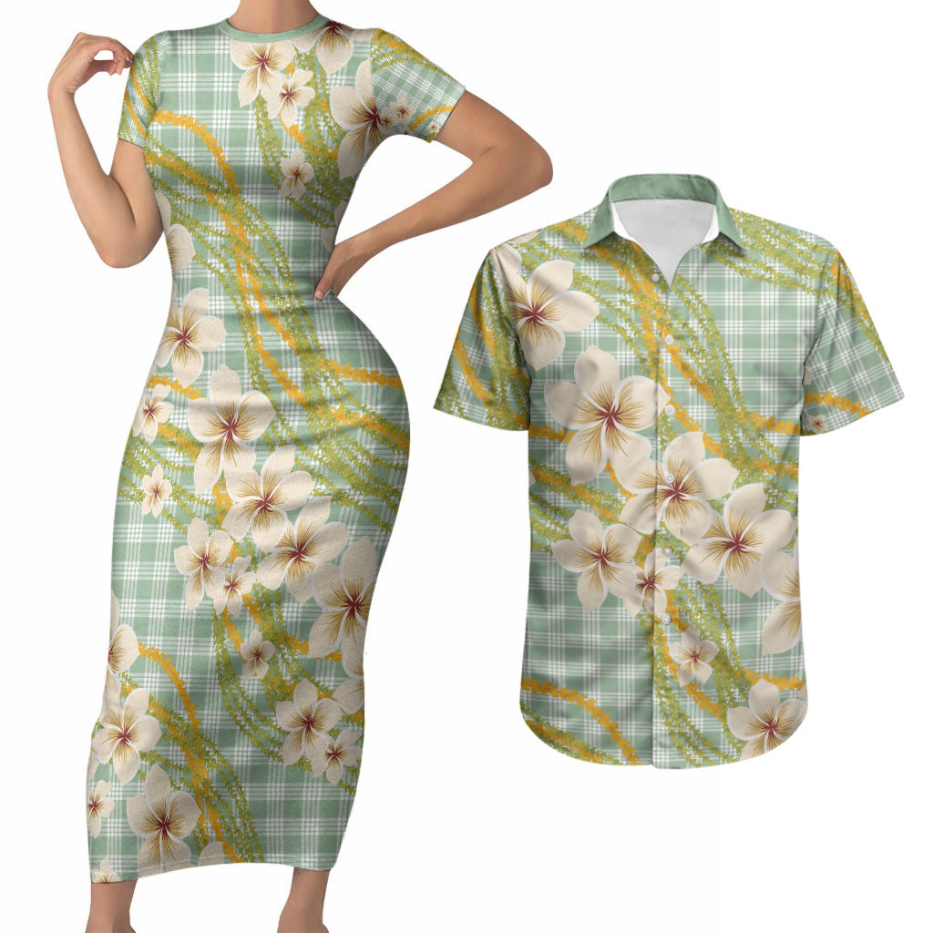 Liko Kukui Hawai'i Palaka Plumeria Couples Matching Short Sleeve Bodycon Dress and Hawaiian Shirt Puakenikeni and Maile Lei