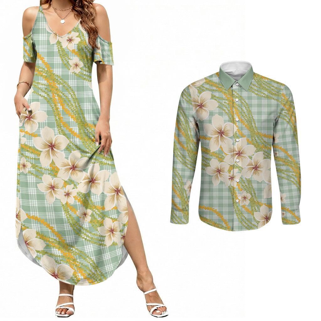 Liko Kukui Hawai'i Palaka Plumeria Couples Matching Summer Maxi Dress and Long Sleeve Button Shirt Puakenikeni and Maile Lei