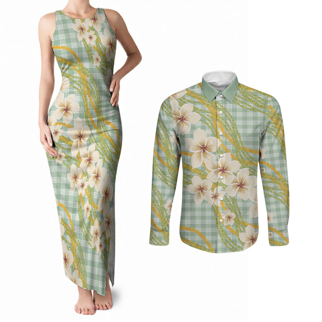 Liko Kukui Hawai'i Palaka Plumeria Couples Matching Tank Maxi Dress and Long Sleeve Button Shirt Puakenikeni and Maile Lei