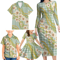 Liko Kukui Hawai'i Palaka Plumeria Family Matching Long Sleeve Bodycon Dress and Hawaiian Shirt Puakenikeni and Maile Lei