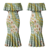 Liko Kukui Hawai'i Palaka Plumeria Family Matching Mermaid Dress and Hawaiian Shirt Puakenikeni and Maile Lei