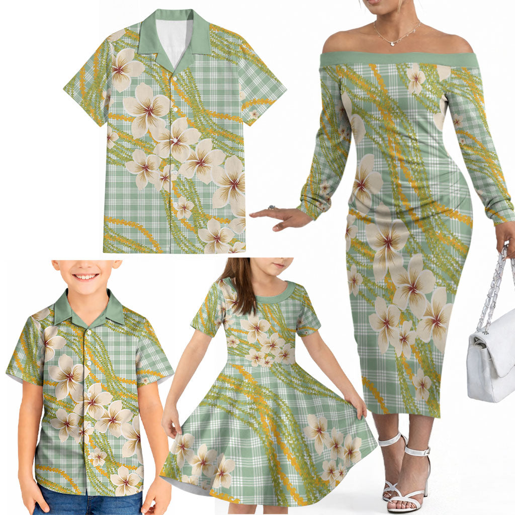 Liko Kukui Hawai'i Palaka Plumeria Family Matching Off The Shoulder Long Sleeve Dress and Hawaiian Shirt Puakenikeni and Maile Lei