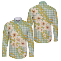 Liko Kukui Hawai'i Palaka Plumeria Family Matching Off The Shoulder Long Sleeve Dress and Hawaiian Shirt Puakenikeni and Maile Lei