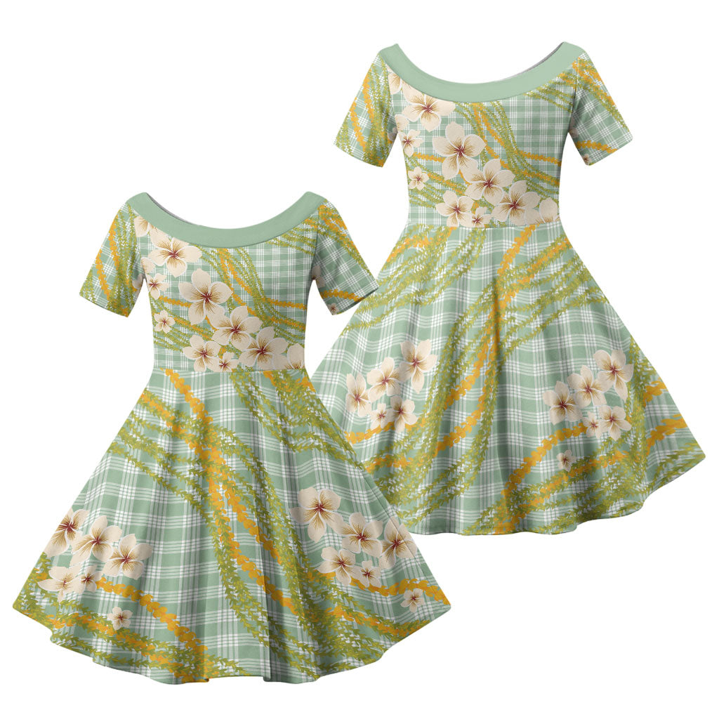 Liko Kukui Hawai'i Palaka Plumeria Family Matching Short Sleeve Bodycon Dress and Hawaiian Shirt Puakenikeni and Maile Lei