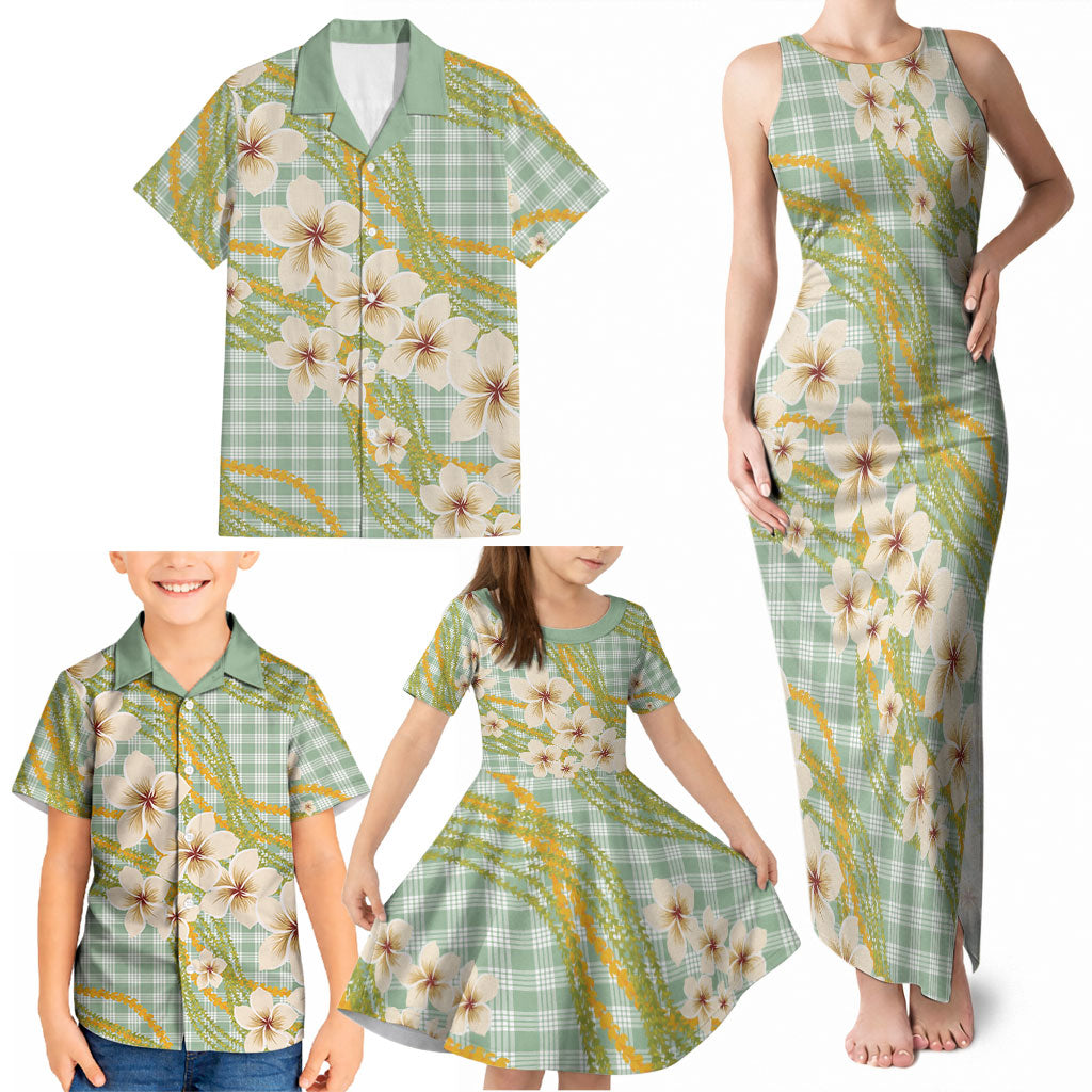 Liko Kukui Hawai'i Palaka Plumeria Family Matching Tank Maxi Dress and Hawaiian Shirt Puakenikeni and Maile Lei