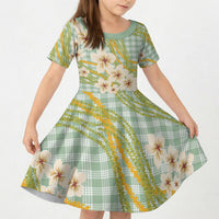 Liko Kukui Hawai'i Palaka Plumeria Kid Short Sleeve Dress Puakenikeni and Maile Lei