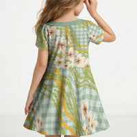 Liko Kukui Hawai'i Palaka Plumeria Kid Short Sleeve Dress Puakenikeni and Maile Lei