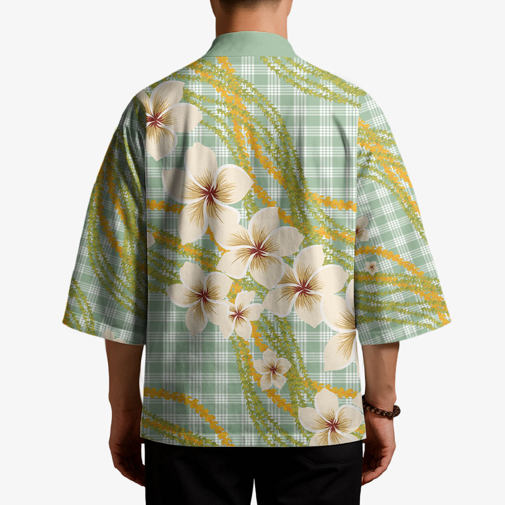 Liko Kukui Hawai'i Palaka Plumeria Kimono Puakenikeni and Maile Lei