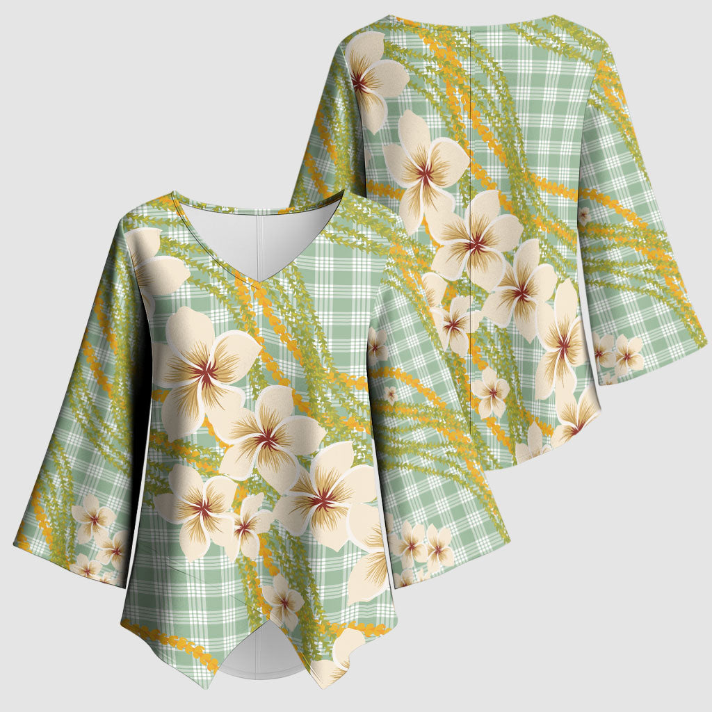 Liko Kukui Hawai'i Palaka Plumeria Kimono Sleeve Blouse Puakenikeni and Maile Lei