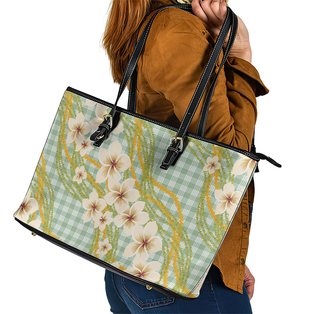 Liko Kukui Hawai'i Palaka Plumeria Leather Tote Bag Puakenikeni and Maile Lei