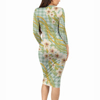 Liko Kukui Hawai'i Palaka Plumeria Long Sleeve Bodycon Dress Puakenikeni and Maile Lei