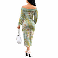 Liko Kukui Hawai'i Palaka Plumeria Off The Shoulder Long Sleeve Dress Puakenikeni and Maile Lei