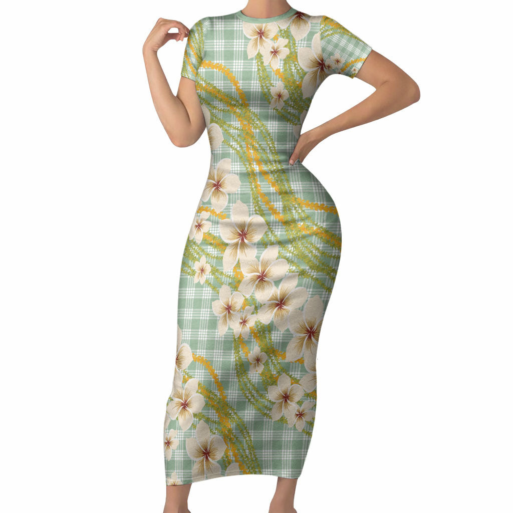 Liko Kukui Hawai'i Palaka Plumeria Short Sleeve Bodycon Dress Puakenikeni and Maile Lei
