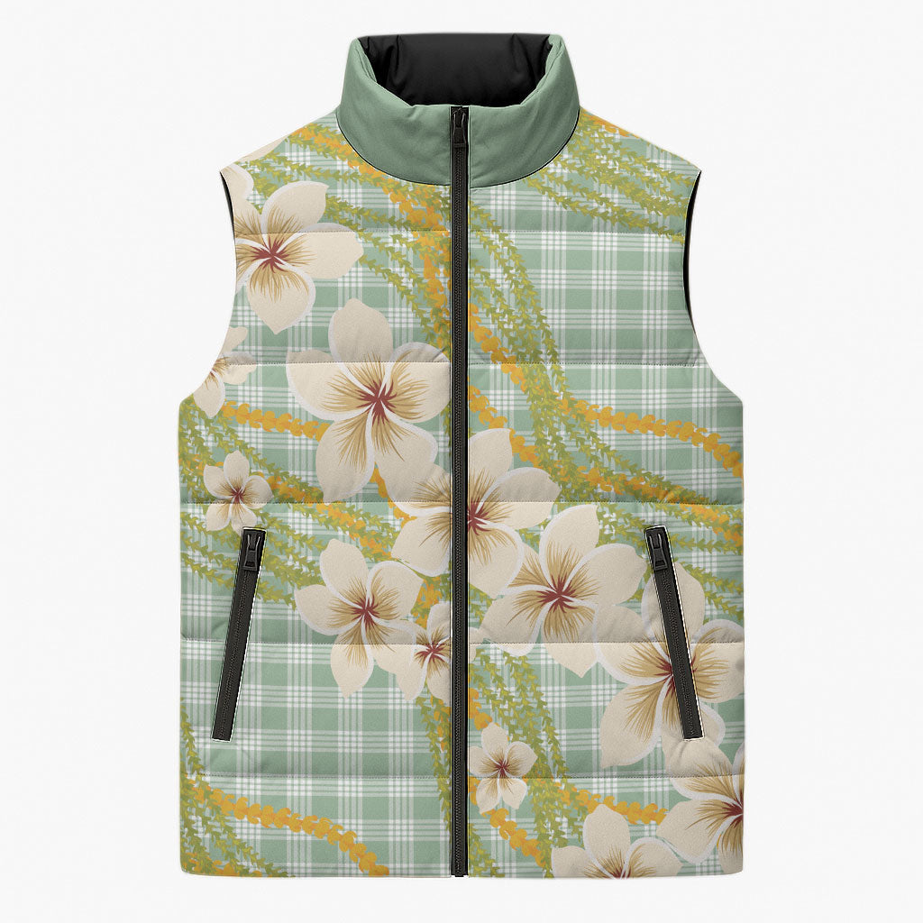 Liko Kukui Hawai'i Palaka Plumeria Sleeveless Puffer Jacket Puakenikeni and Maile Lei