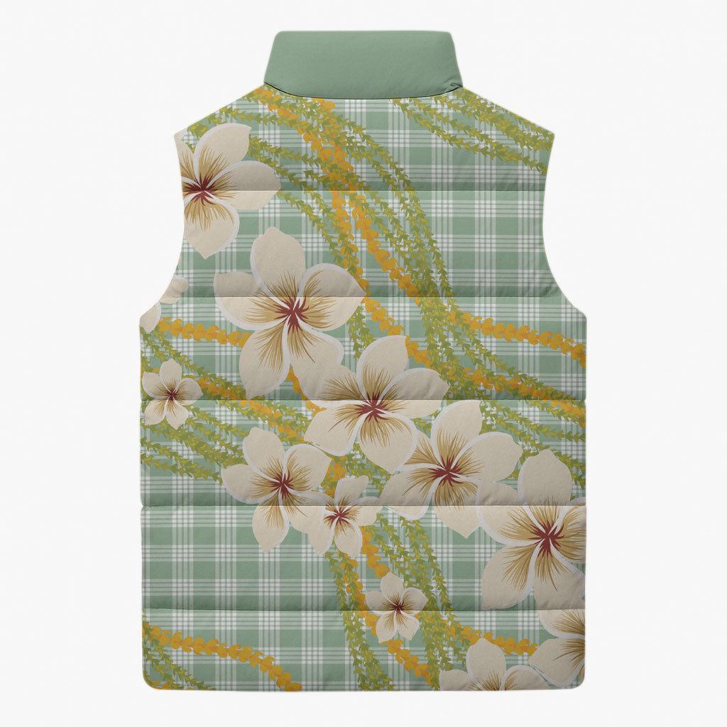 Liko Kukui Hawai'i Palaka Plumeria Sleeveless Puffer Jacket Puakenikeni and Maile Lei