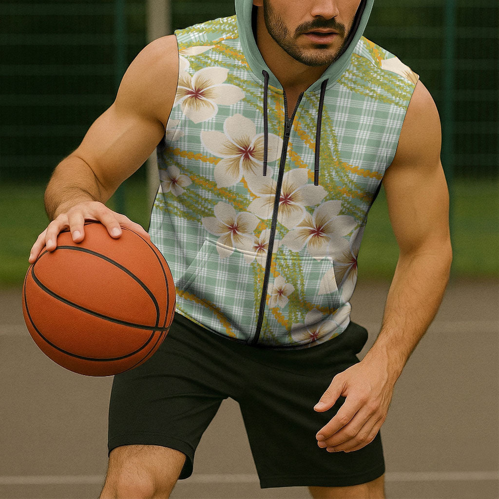 Liko Kukui Hawai'i Palaka Plumeria Sleeveless Zip Hoodie Puakenikeni and Maile Lei