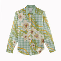 Liko Kukui Hawai'i Palaka Plumeria Women Casual Shirt Puakenikeni and Maile Lei