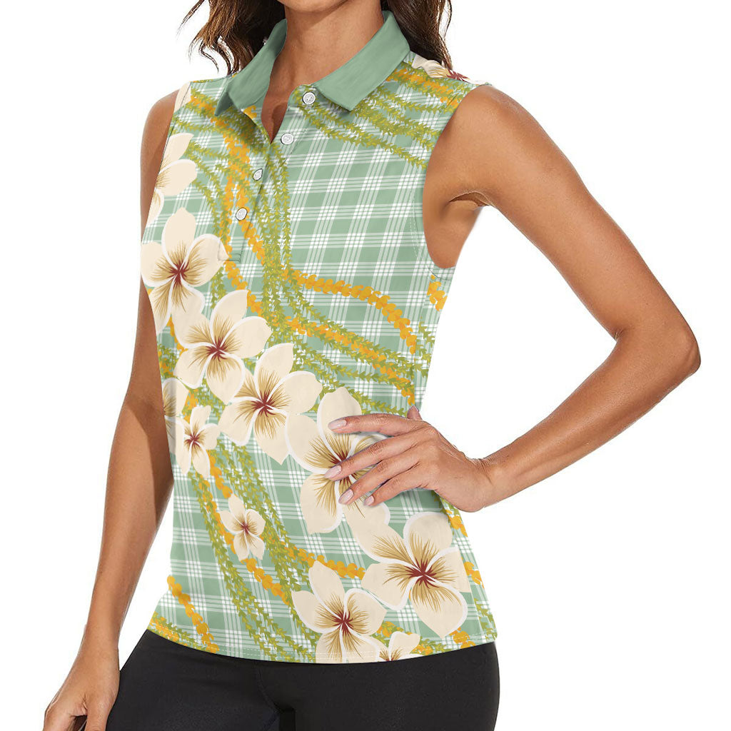 Liko Kukui Hawai'i Palaka Plumeria Women Sleeveless Polo Shirt Puakenikeni and Maile Lei
