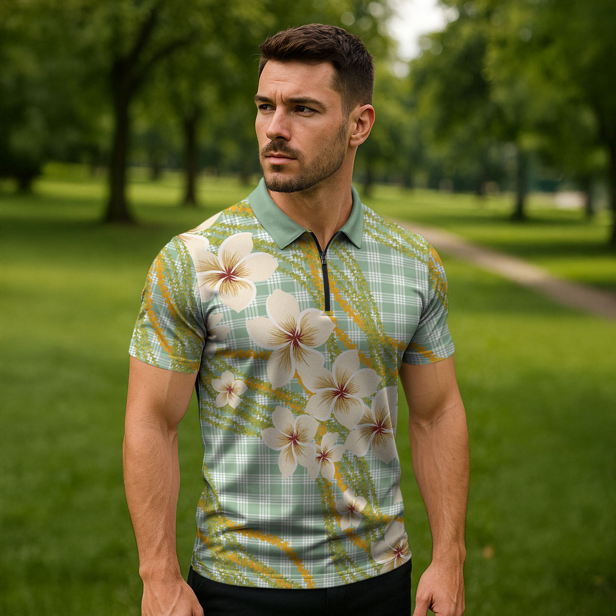 Liko Kukui Hawai'i Palaka Plumeria Zipper Polo Shirt Puakenikeni and Maile Lei