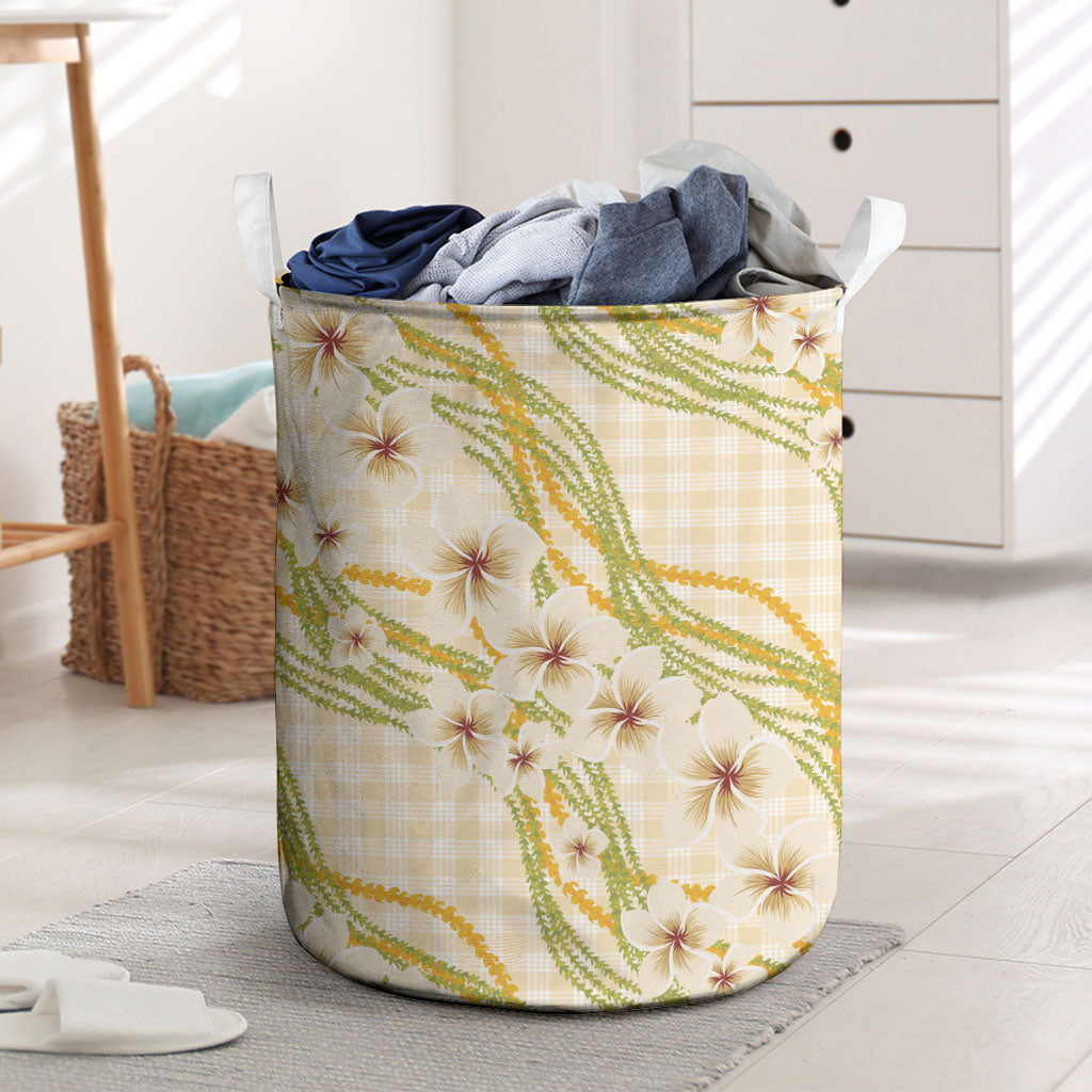 Melemele Ahiahia Hawai'i Palaka Plumeria Laundry Basket Puakenikeni and Maile Lei