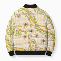 Melemele Ahiahia Hawai'i Palaka Plumeria Bomber Puffer Jacket Puakenikeni and Maile Lei