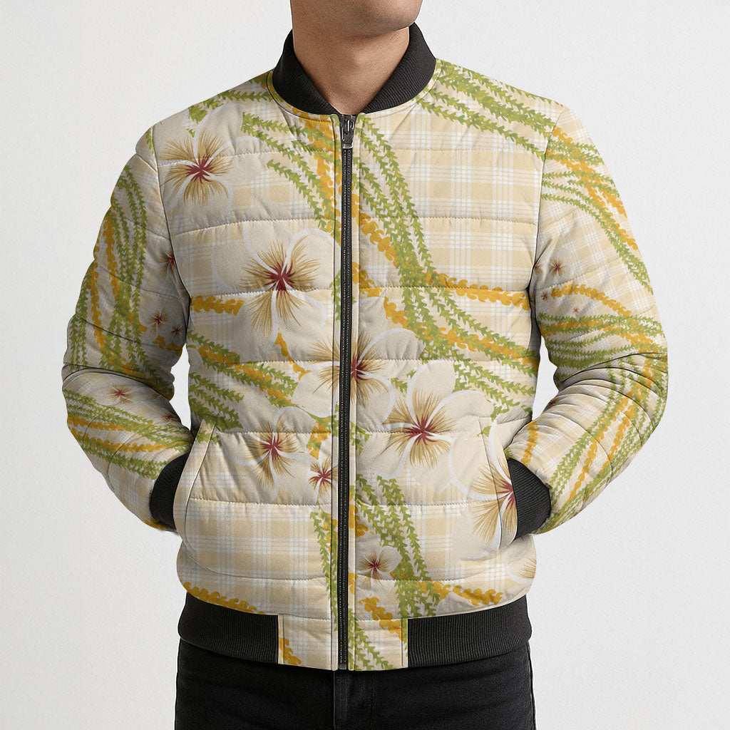 Melemele Ahiahia Hawai'i Palaka Plumeria Bomber Puffer Jacket Puakenikeni and Maile Lei