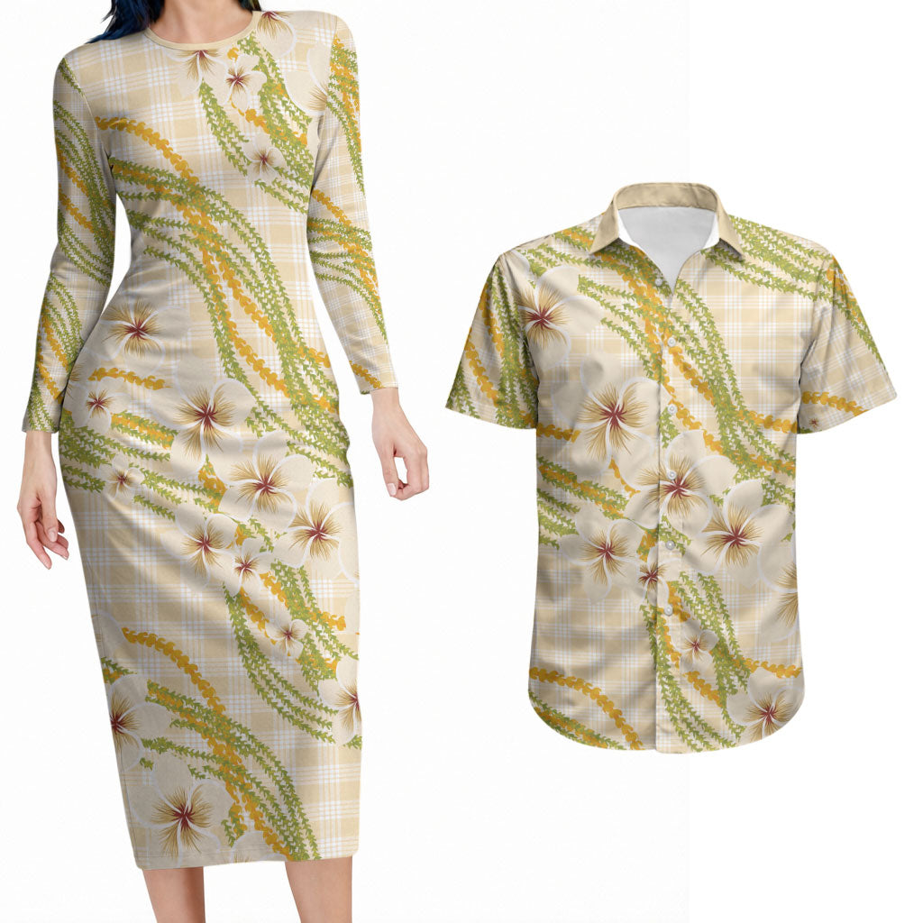 Melemele Ahiahia Hawai'i Palaka Plumeria Couples Matching Long Sleeve Bodycon Dress and Hawaiian Shirt Puakenikeni and Maile Lei LT9 Pastel Yellow - Polynesian Pride