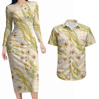 Melemele Ahiahia Hawai'i Palaka Plumeria Couples Matching Long Sleeve Bodycon Dress and Hawaiian Shirt Puakenikeni and Maile Lei