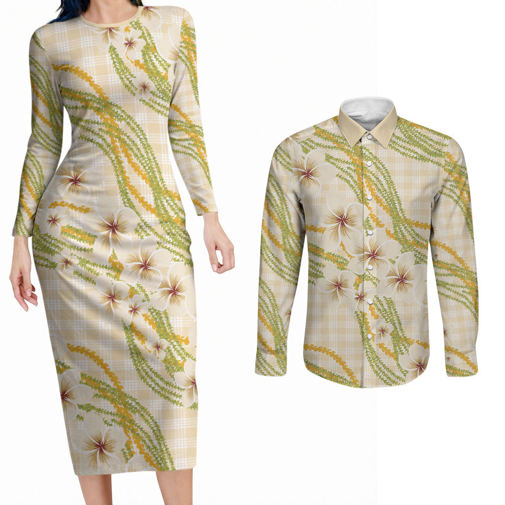 Melemele Ahiahia Hawai'i Palaka Plumeria Couples Matching Long Sleeve Bodycon Dress and Long Sleeve Button Shirt Puakenikeni and Maile Lei