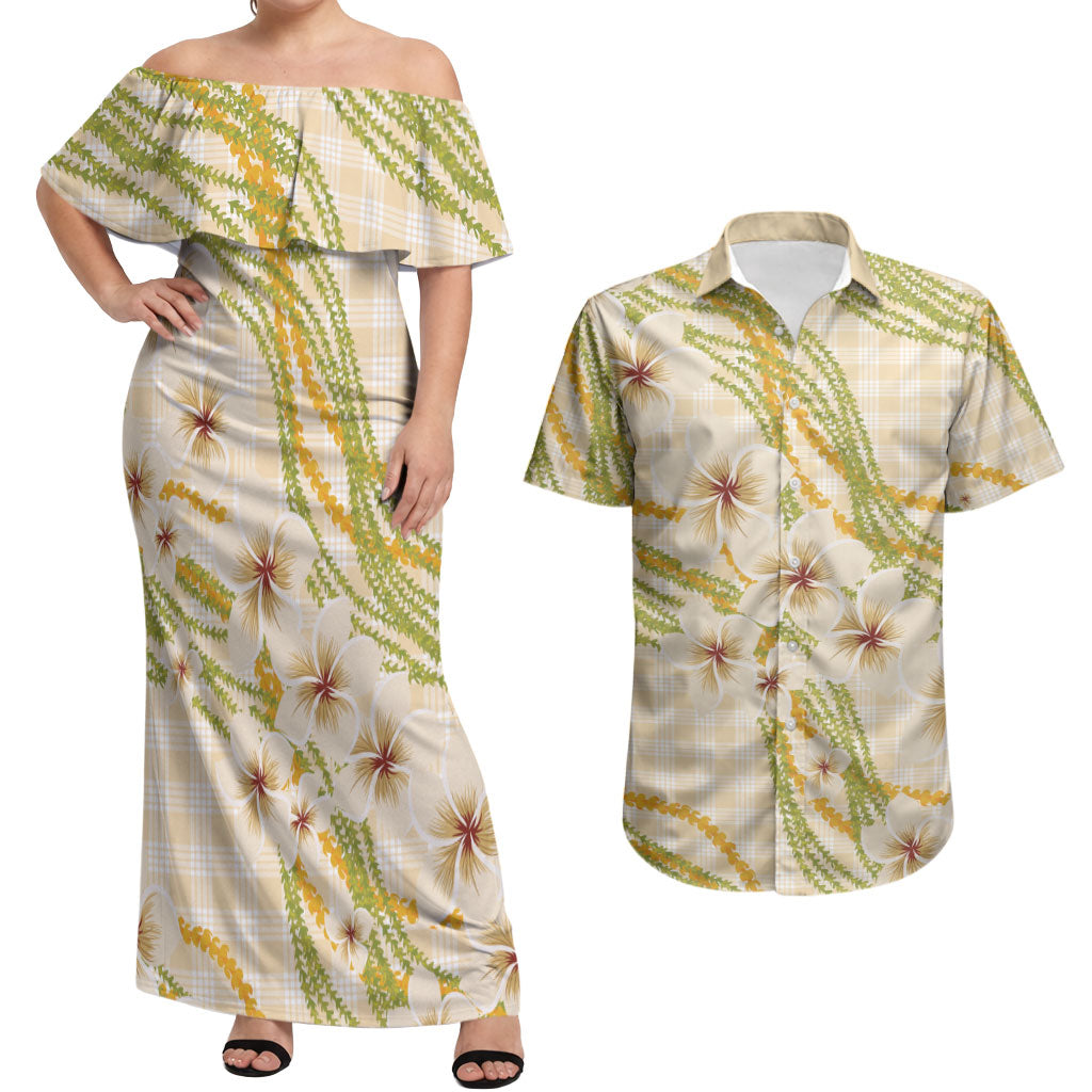 Melemele Ahiahia Hawai'i Palaka Plumeria Couples Matching Off Shoulder Maxi Dress and Hawaiian Shirt Puakenikeni and Maile Lei LT9 Pastel Yellow - Polynesian Pride