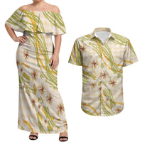 Melemele Ahiahia Hawai'i Palaka Plumeria Couples Matching Off Shoulder Maxi Dress and Hawaiian Shirt Puakenikeni and Maile Lei