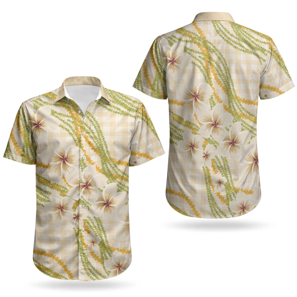 Melemele Ahiahia Hawai'i Palaka Plumeria Couples Matching Off Shoulder Maxi Dress and Hawaiian Shirt Puakenikeni and Maile Lei