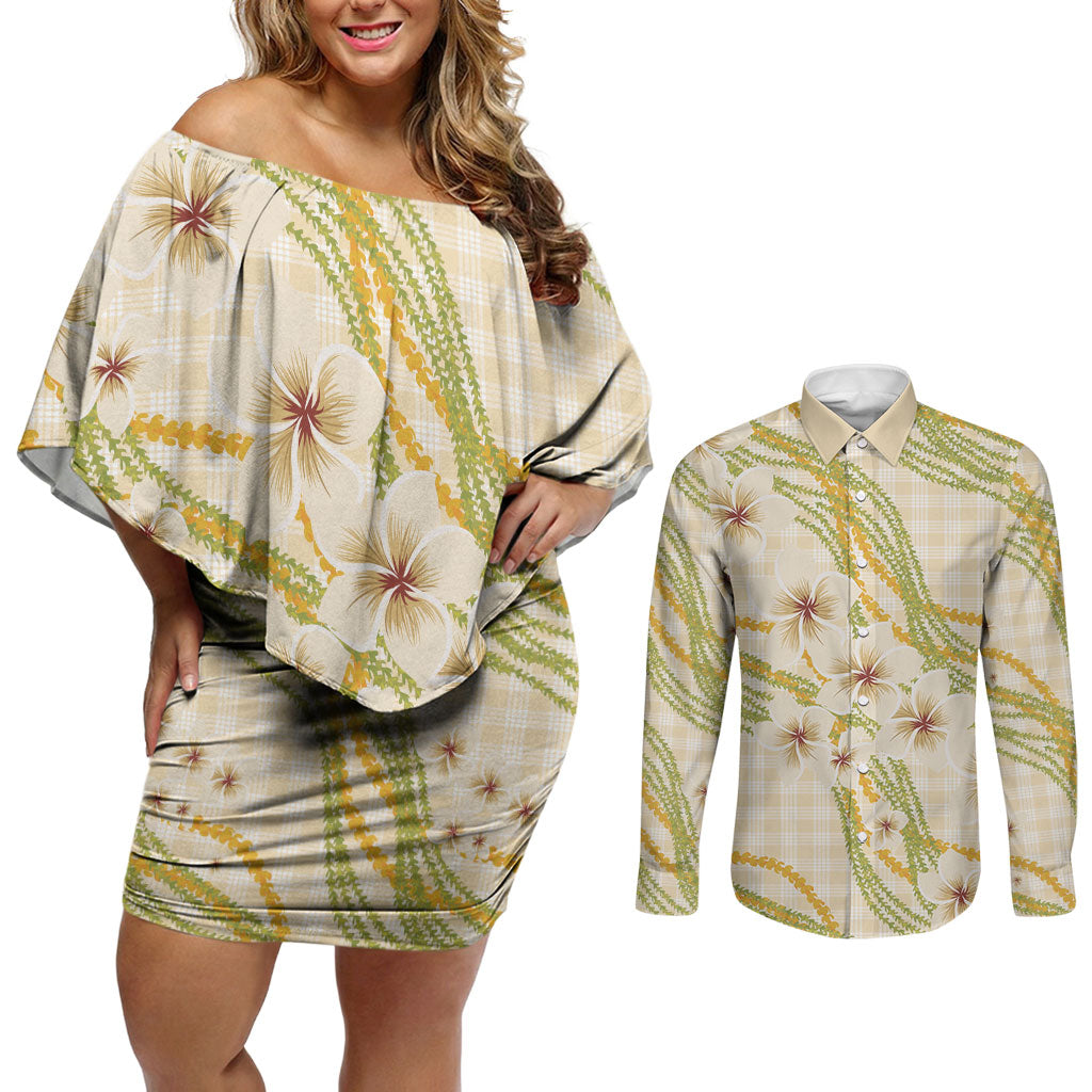 Melemele Ahiahia Hawai'i Palaka Plumeria Couples Matching Off Shoulder Short Dress and Long Sleeve Button Shirt Puakenikeni and Maile Lei