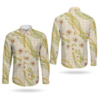 Melemele Ahiahia Hawai'i Palaka Plumeria Couples Matching Off The Shoulder Long Sleeve Dress and Long Sleeve Button Shirt Puakenikeni and Maile Lei