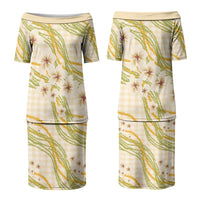 Melemele Ahiahia Hawai'i Palaka Plumeria Couples Matching Puletasi and Hawaiian Shirt Puakenikeni and Maile Lei