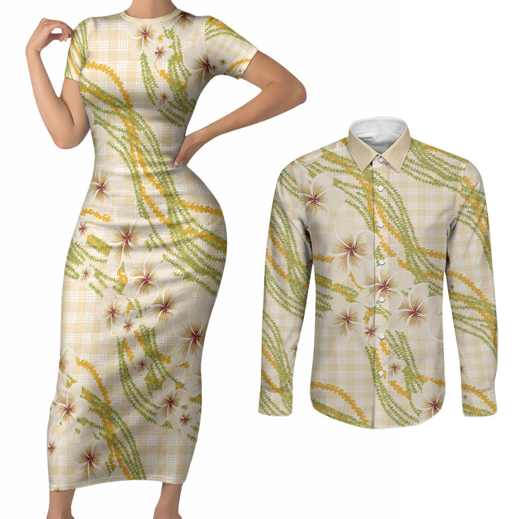 Melemele Ahiahia Hawai'i Palaka Plumeria Couples Matching Short Sleeve Bodycon Dress and Long Sleeve Button Shirt Puakenikeni and Maile Lei