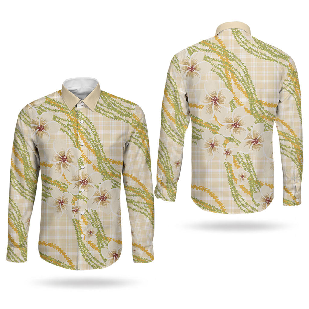 Melemele Ahiahia Hawai'i Palaka Plumeria Couples Matching Short Sleeve Bodycon Dress and Long Sleeve Button Shirt Puakenikeni and Maile Lei