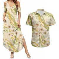 Melemele Ahiahia Hawai'i Palaka Plumeria Couples Matching Summer Maxi Dress and Hawaiian Shirt Puakenikeni and Maile Lei